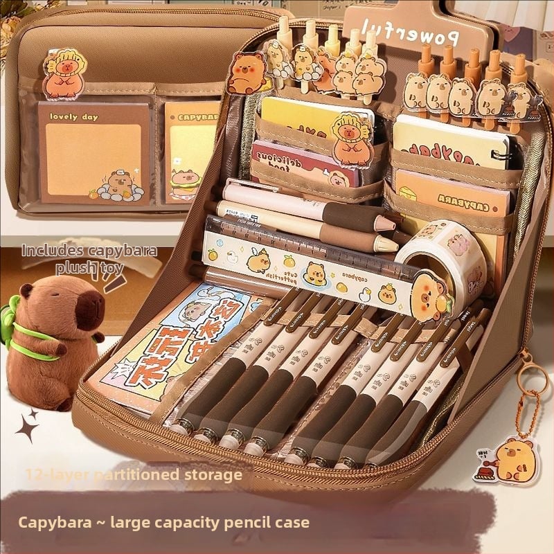 12 rétegű, nagy kapacitású ceruzatáska kapibara mintával, BX márka, aranyos iskolai rendszerező