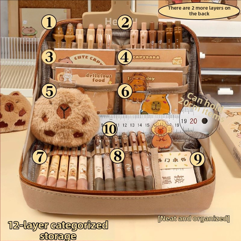 12 rétegű, nagy kapacitású ceruzatáska kapibara mintával, BX márka, aranyos iskolai rendszerező