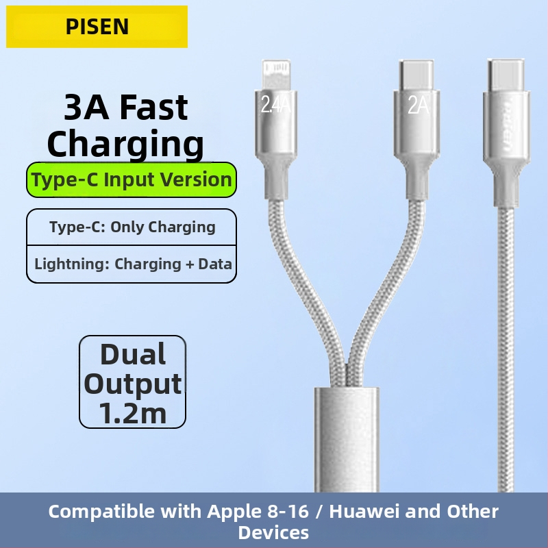 Pisen USB-C 2-σε-1 καλώδιο δεδομένων, γρήγορη φόρτιση, κράμα αλουμινίου, 100W ισχύς εξόδου, Type-C συνδετήρας