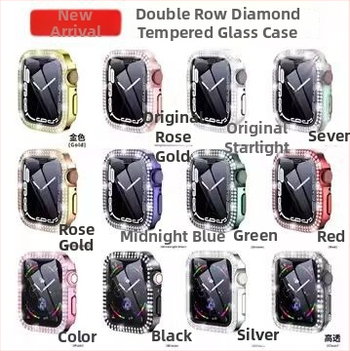 Apple Watch S11 elektroplatovaný kryt s dvojradovými diamantmi, plný diamantový obklad, integrovaný kryt PC telo a tvrdená ochranná fólia na displej, S10