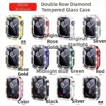 Apple Watch S11 elektroplatovaný kryt s dvojradovými diamantmi, plný diamantový obklad, integrovaný kryt PC telo a tvrdená ochranná fólia na displej, S10