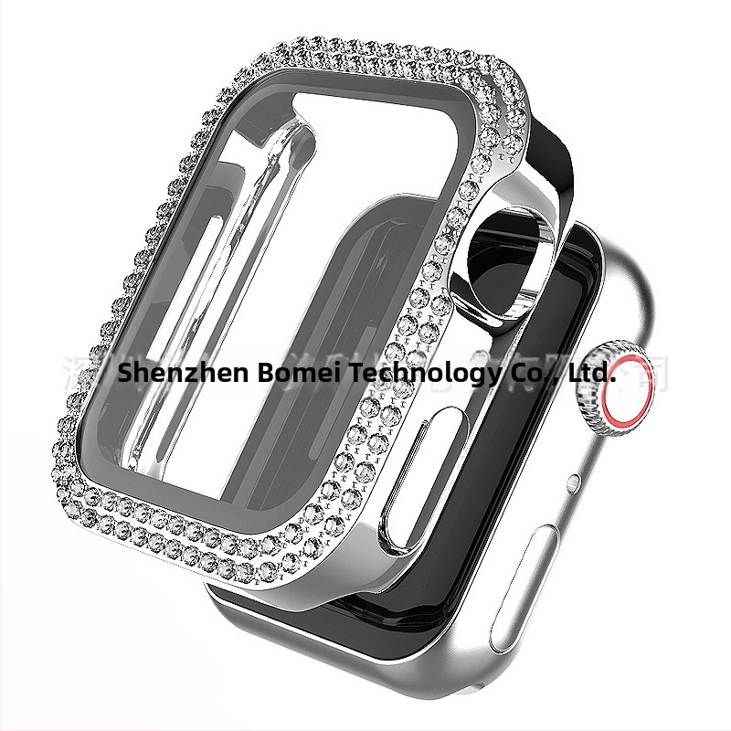 Apple Watch S11 elektroplatovaný kryt s dvojradovými diamantmi, plný diamantový obklad, integrovaný kryt PC telo a tvrdená ochranná fólia na displej, S10