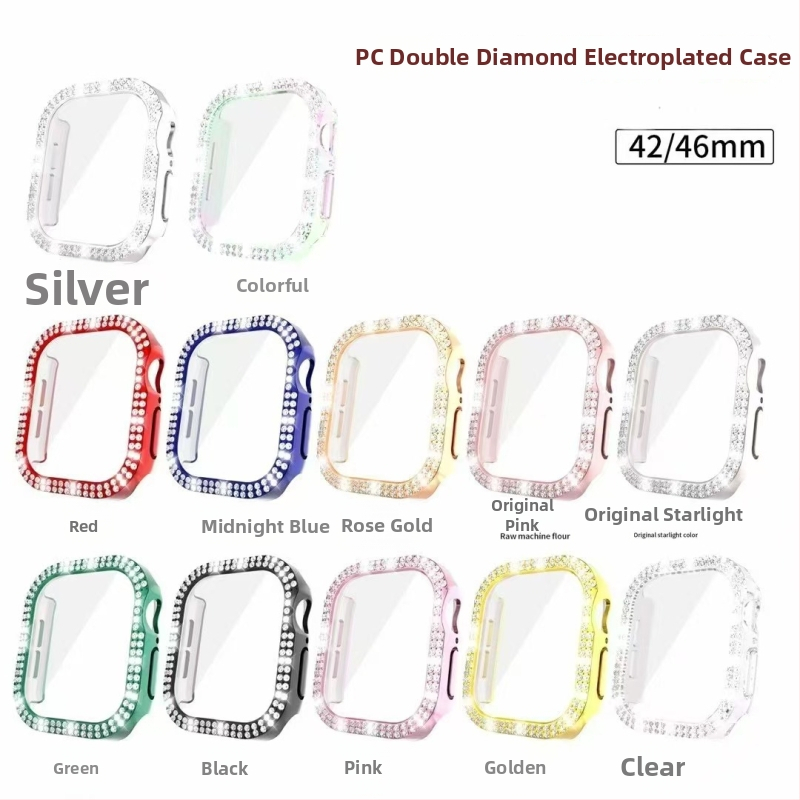 Apple Watch S11 elektroplatovaný kryt s dvojradovými diamantmi, plný diamantový obklad, integrovaný kryt PC telo a tvrdená ochranná fólia na displej, S10
