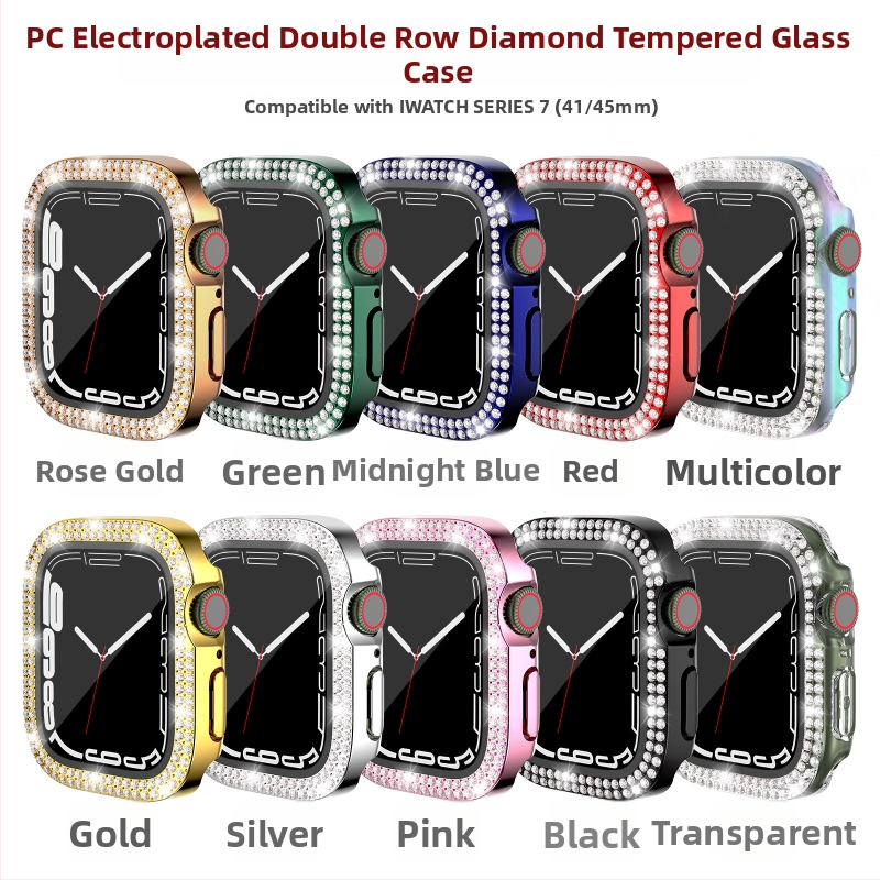 Pouzdro pre Apple Watch Series 7/8/9/S10/S11, elektroplátované PC s dvojradovými diamantovými prvkami a integrovanou ochrannou fóliou