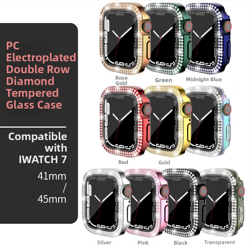 Pouzdro pre Apple Watch Series 7/8/9/S10/S11, elektroplátované PC s dvojradovými diamantovými prvkami a integrovanou ochrannou fóliou