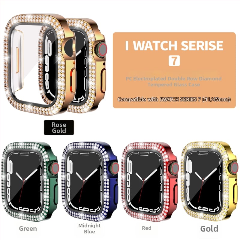 Pouzdro pre Apple Watch Series 7/8/9/S10/S11, elektroplátované PC s dvojradovými diamantovými prvkami a integrovanou ochrannou fóliou