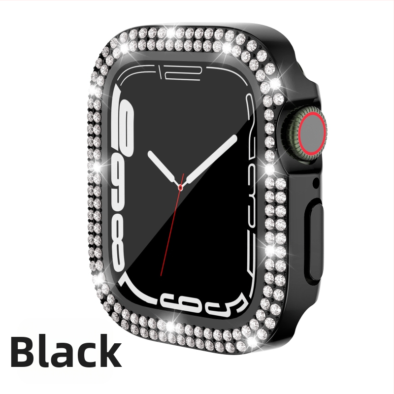 Pouzdro pre Apple Watch Series 7/8/9/S10/S11, elektroplátované PC s dvojradovými diamantovými prvkami a integrovanou ochrannou fóliou