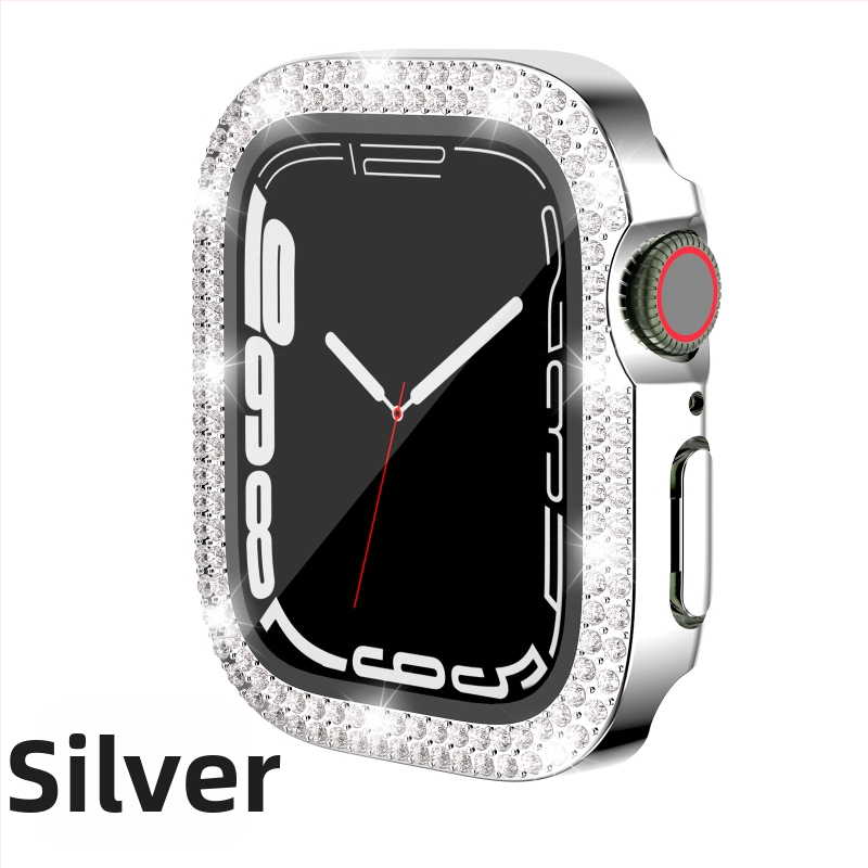 Pouzdro pre Apple Watch Series 7/8/9/S10/S11, elektroplátované PC s dvojradovými diamantovými prvkami a integrovanou ochrannou fóliou