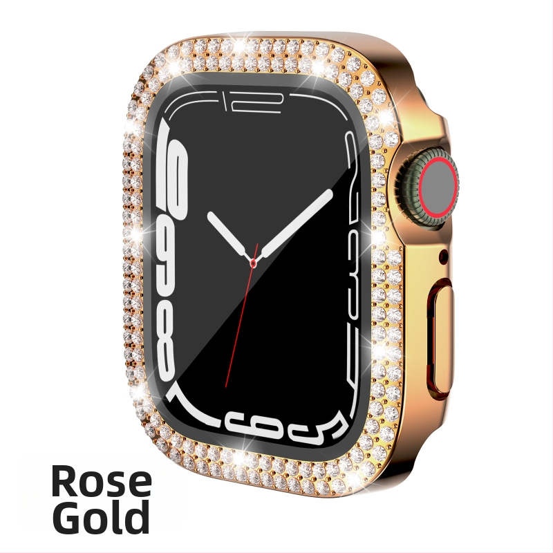 Pouzdro pre Apple Watch Series 7/8/9/S10/S11, elektroplátované PC s dvojradovými diamantovými prvkami a integrovanou ochrannou fóliou