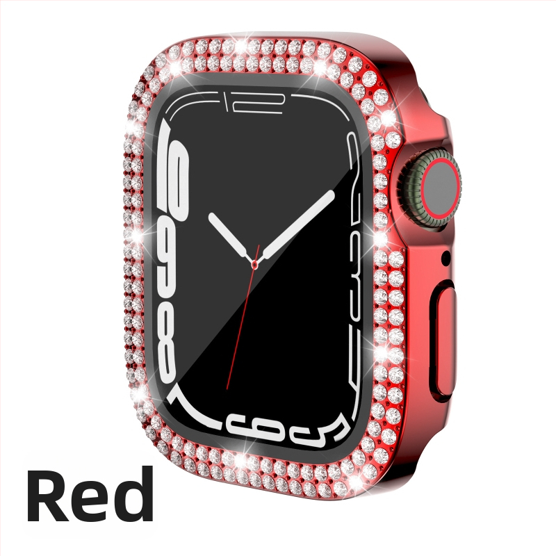 Pouzdro pre Apple Watch Series 7/8/9/S10/S11, elektroplátované PC s dvojradovými diamantovými prvkami a integrovanou ochrannou fóliou