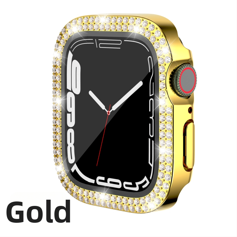 Pouzdro pre Apple Watch Series 7/8/9/S10/S11, elektroplátované PC s dvojradovými diamantovými prvkami a integrovanou ochrannou fóliou
