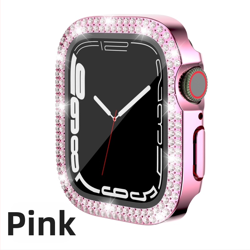 Pouzdro pre Apple Watch Series 7/8/9/S10/S11, elektroplátované PC s dvojradovými diamantovými prvkami a integrovanou ochrannou fóliou