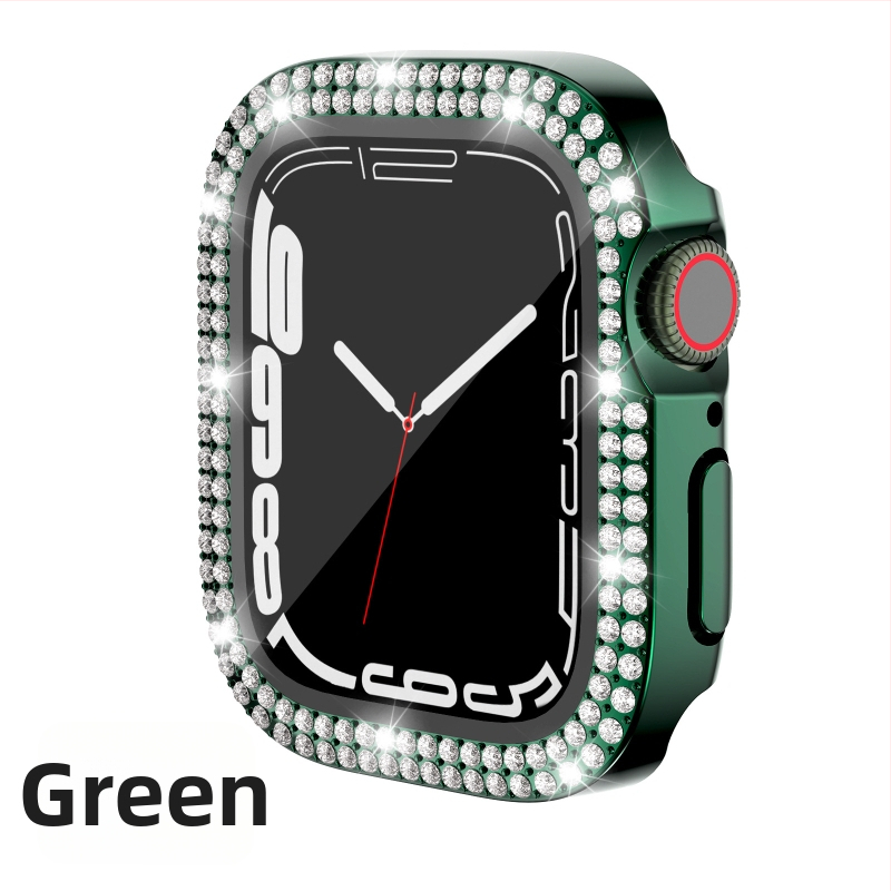 Pouzdro pre Apple Watch Series 7/8/9/S10/S11, elektroplátované PC s dvojradovými diamantovými prvkami a integrovanou ochrannou fóliou