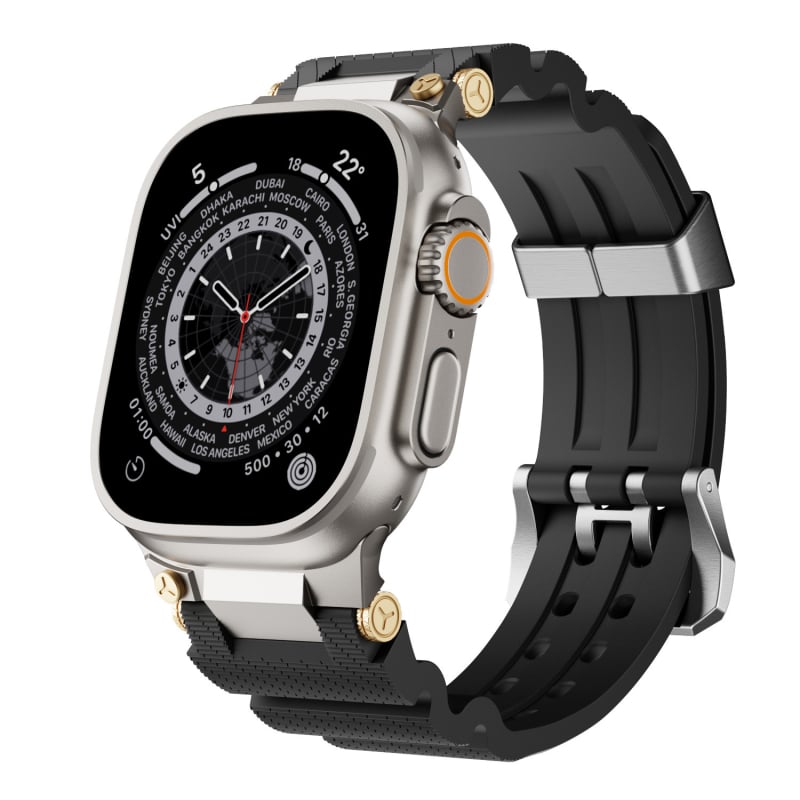 Brățară pentru Apple iWatch 11, curea sport din silicon cu dublă catarâmă și cap din oțel inoxidabil (Material: oțel inoxidabil 316L + silicion de înaltă rezistență; Compatibilitate: Apple iWatch 11; Cataramă: dublă; Cap: oțel inoxidabil)