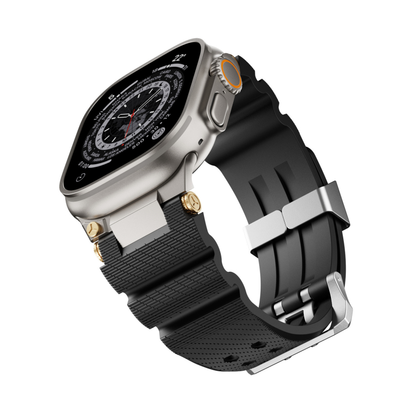 Brățară pentru Apple iWatch 11, curea sport din silicon cu dublă catarâmă și cap din oțel inoxidabil (Material: oțel inoxidabil 316L + silicion de înaltă rezistență; Compatibilitate: Apple iWatch 11; Cataramă: dublă; Cap: oțel inoxidabil)