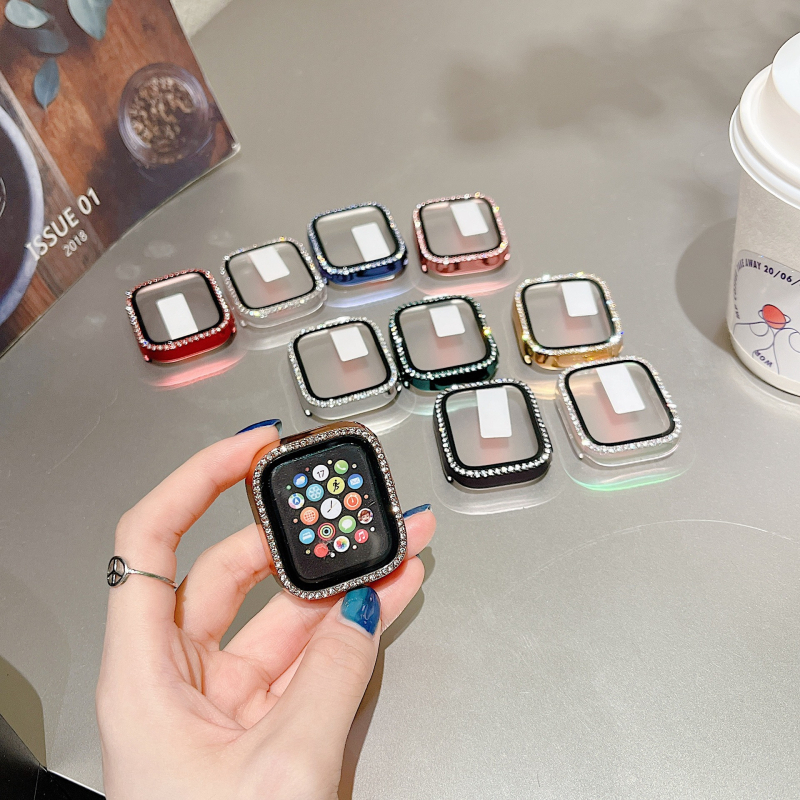 Apple Watch tok egy sor gyémánttal, elektroplatiált felület, beépített edzett fólia védelem, PC anyag, kompatibilis az iWatch567SE8-cal