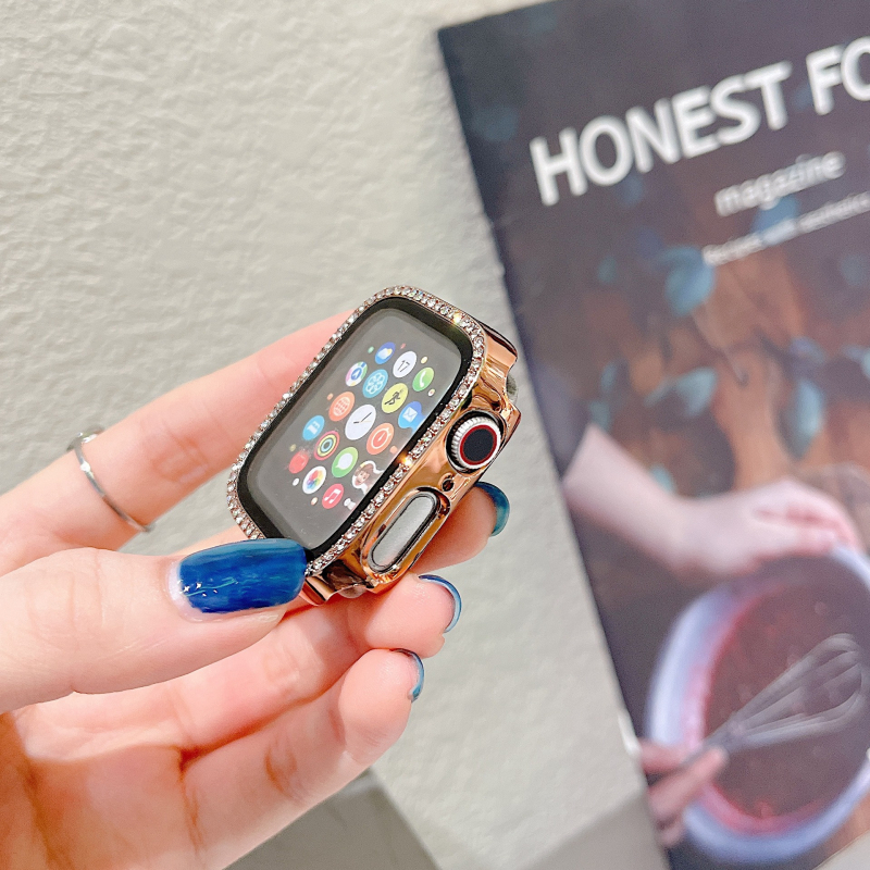 Apple Watch tok egy sor gyémánttal, elektroplatiált felület, beépített edzett fólia védelem, PC anyag, kompatibilis az iWatch567SE8-cal
