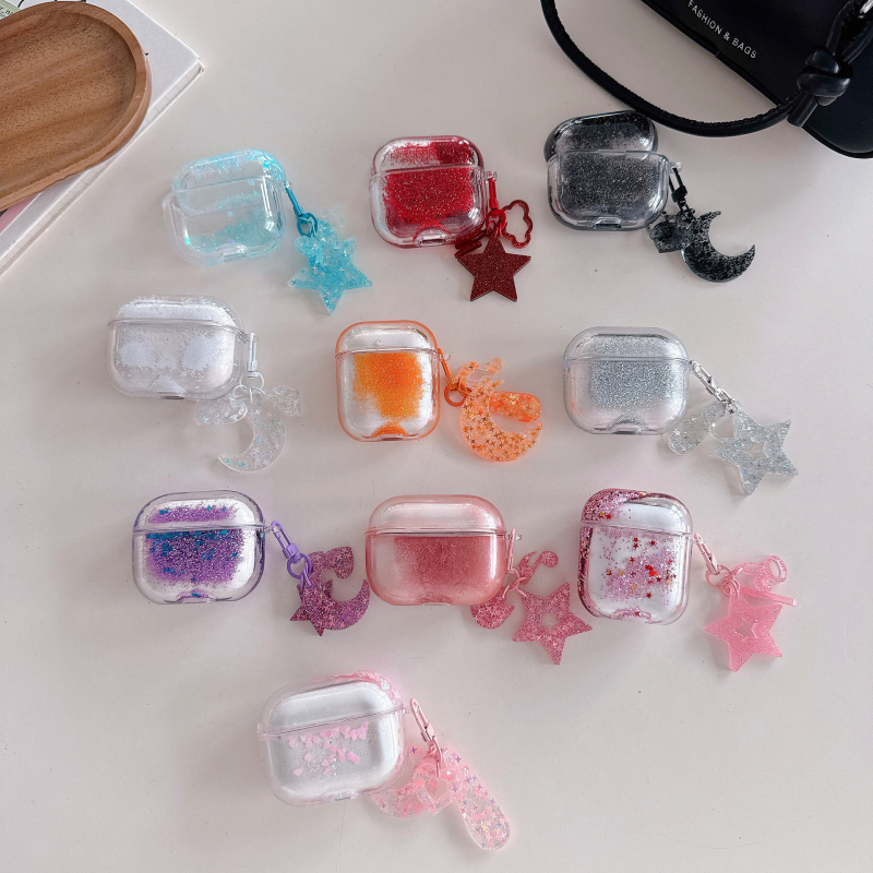 AirPods korpuss ar šķidro smilšu dizainu un rokām darinātiem piekariņiem, PC materiāls, caurspīdīgs ciets korpuss, pielāgojams