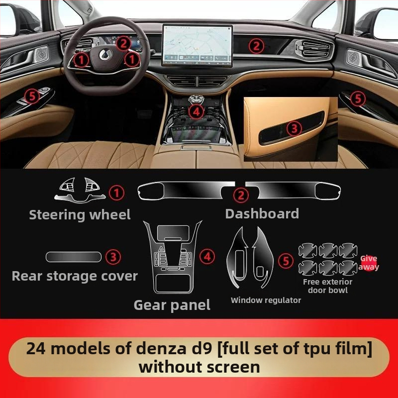Denza D9 Iekšējās aizsardzības plēve centrālajai konsolei un instrumentu/navigācijas ekrāniem, caurspīdīgs TPU