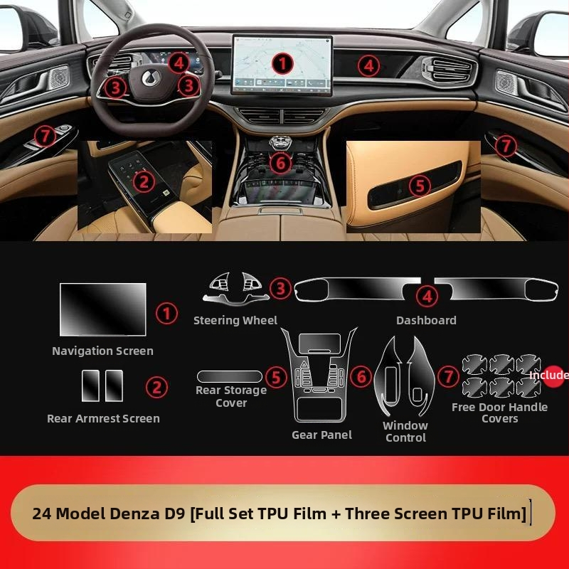Denza D9 Iekšējās aizsardzības plēve centrālajai konsolei un instrumentu/navigācijas ekrāniem, caurspīdīgs TPU