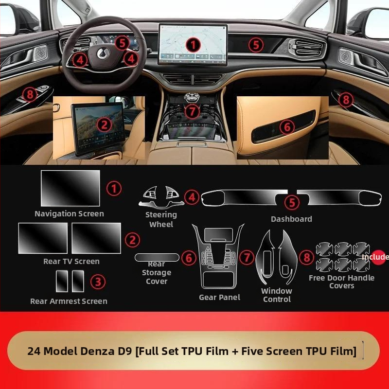 Denza D9 Iekšējās aizsardzības plēve centrālajai konsolei un instrumentu/navigācijas ekrāniem, caurspīdīgs TPU