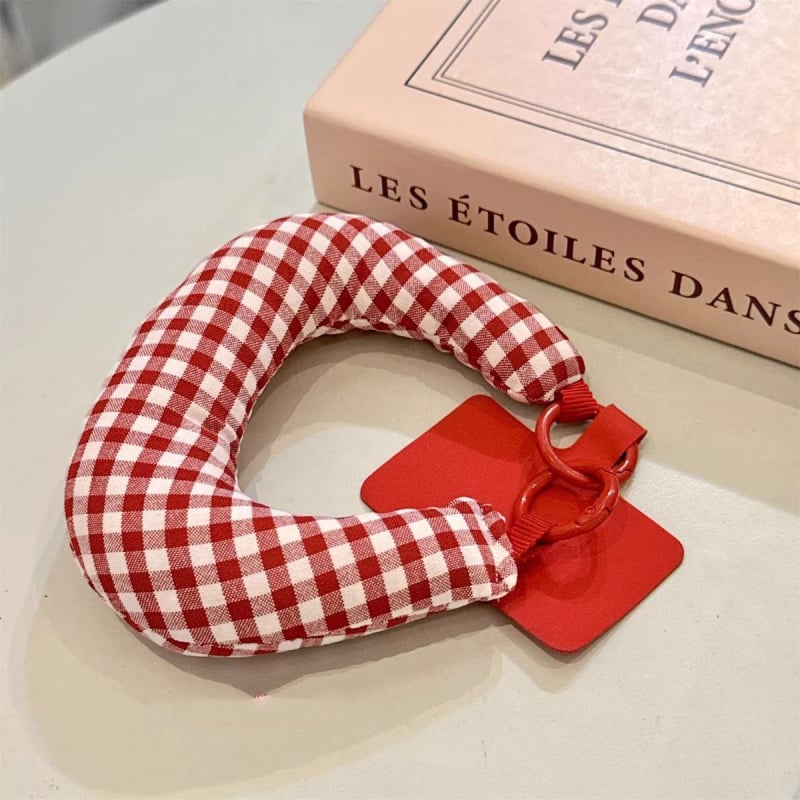 Telefon csuklópánt hímzett betűkkel, kockás mintázat, műanyag anyag, testreszabható, női kiegészítő