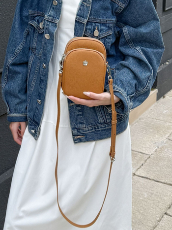 Geantă pentru telefon pentru femei din piele naturală, din primul strat de piele, închidere cu fermoar, buzunar interior cu fermoar, formă pătrată verticală