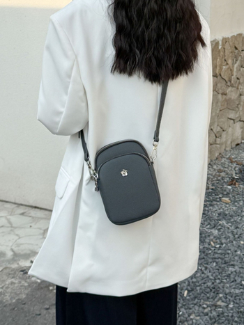 Geantă pentru telefon pentru femei din piele naturală, din primul strat de piele, închidere cu fermoar, buzunar interior cu fermoar, formă pătrată verticală