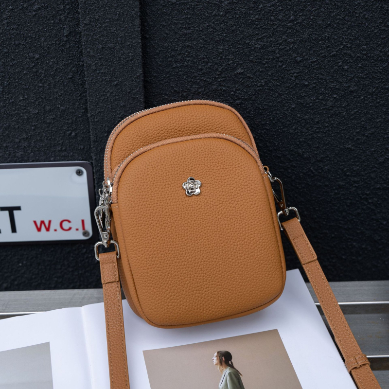 Geantă pentru telefon pentru femei din piele naturală, din primul strat de piele, închidere cu fermoar, buzunar interior cu fermoar, formă pătrată verticală