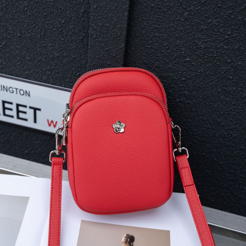 Geantă pentru telefon pentru femei din piele naturală, din primul strat de piele, închidere cu fermoar, buzunar interior cu fermoar, formă pătrată verticală