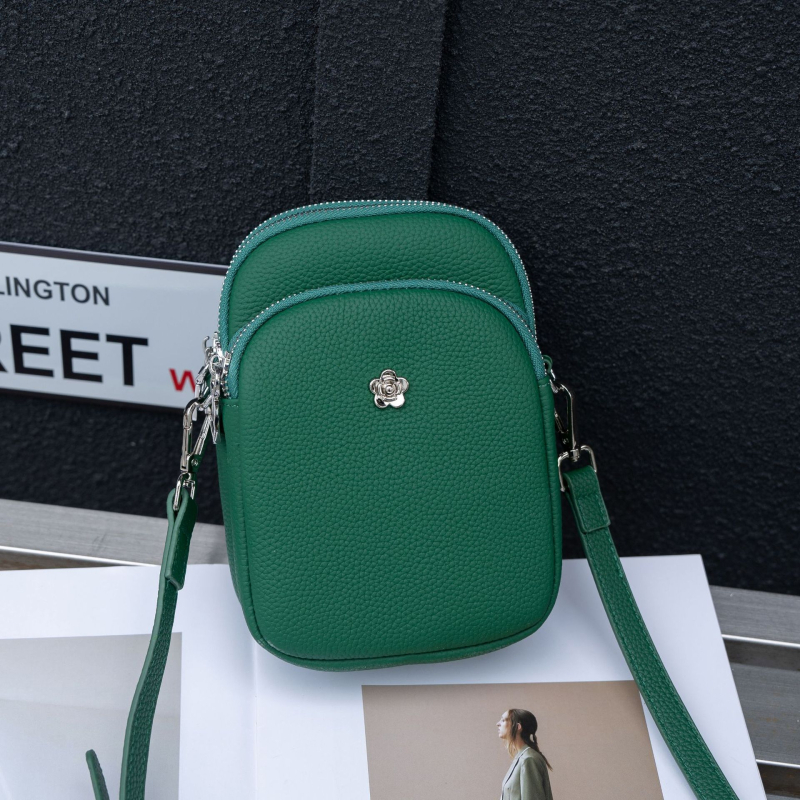 Geantă pentru telefon pentru femei din piele naturală, din primul strat de piele, închidere cu fermoar, buzunar interior cu fermoar, formă pătrată verticală