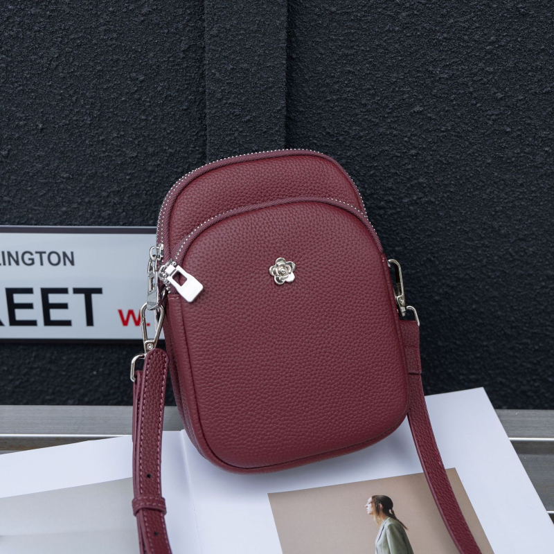 Geantă pentru telefon pentru femei din piele naturală, din primul strat de piele, închidere cu fermoar, buzunar interior cu fermoar, formă pătrată verticală