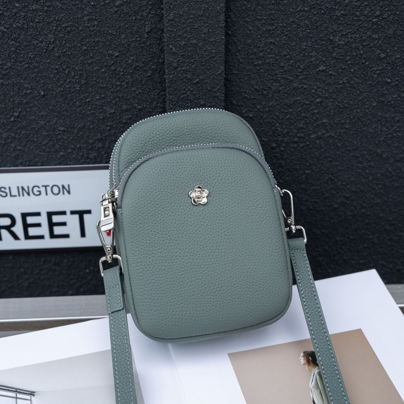 Geantă pentru telefon pentru femei din piele naturală, din primul strat de piele, închidere cu fermoar, buzunar interior cu fermoar, formă pătrată verticală