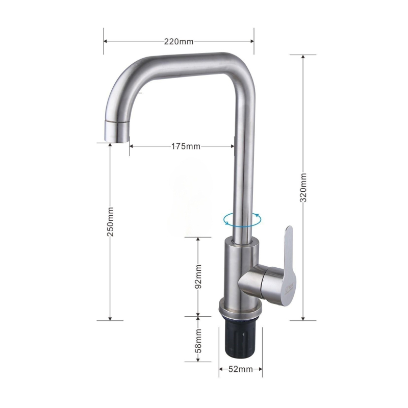 Kuhinjska slavina od nehrđajućeg čelika, okretna i sklopiva, model 1480, 0–90°C, keramički ventili, 20 mm ulaz/izlaz