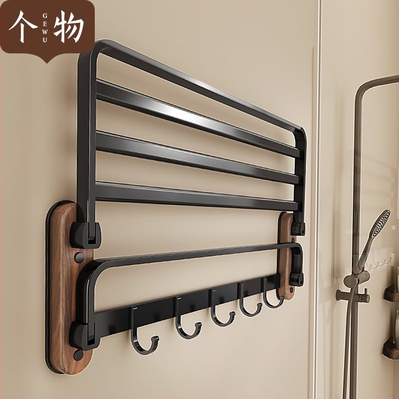 Ξύλινο αναδιπλούμενο ράφι πετσετών μπάνιου, δύο επίπεδα, μοντέλο Walnut bathroom set, φορτίο 10–15 kg, φινίρισμα οξείδωσης