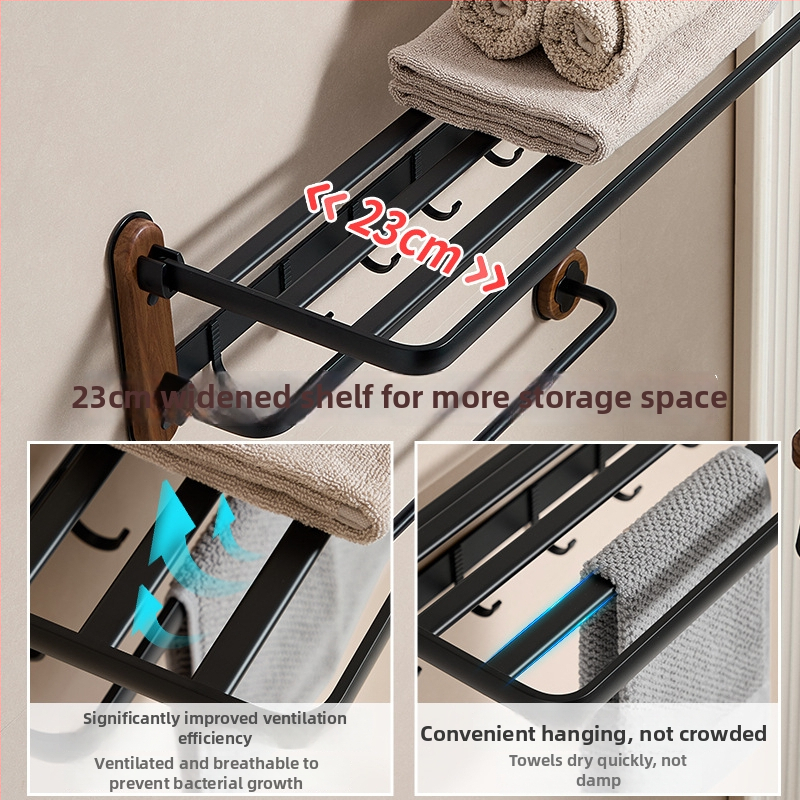 Ξύλινο αναδιπλούμενο ράφι πετσετών μπάνιου, δύο επίπεδα, μοντέλο Walnut bathroom set, φορτίο 10–15 kg, φινίρισμα οξείδωσης