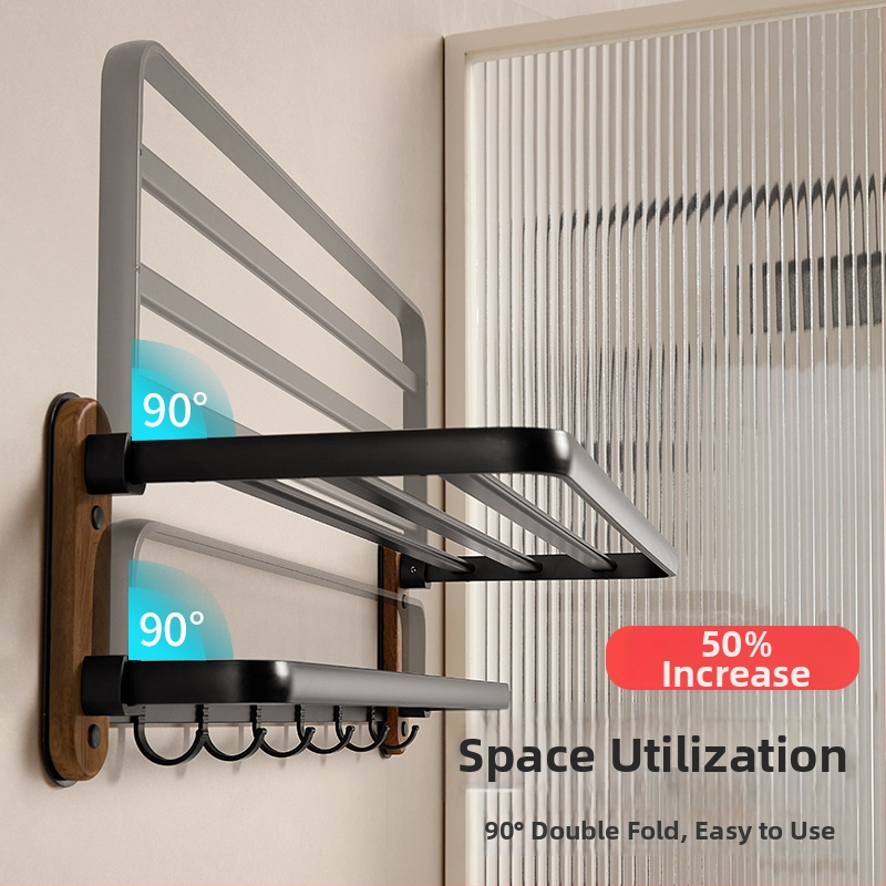 Ξύλινο αναδιπλούμενο ράφι πετσετών μπάνιου, δύο επίπεδα, μοντέλο Walnut bathroom set, φορτίο 10–15 kg, φινίρισμα οξείδωσης