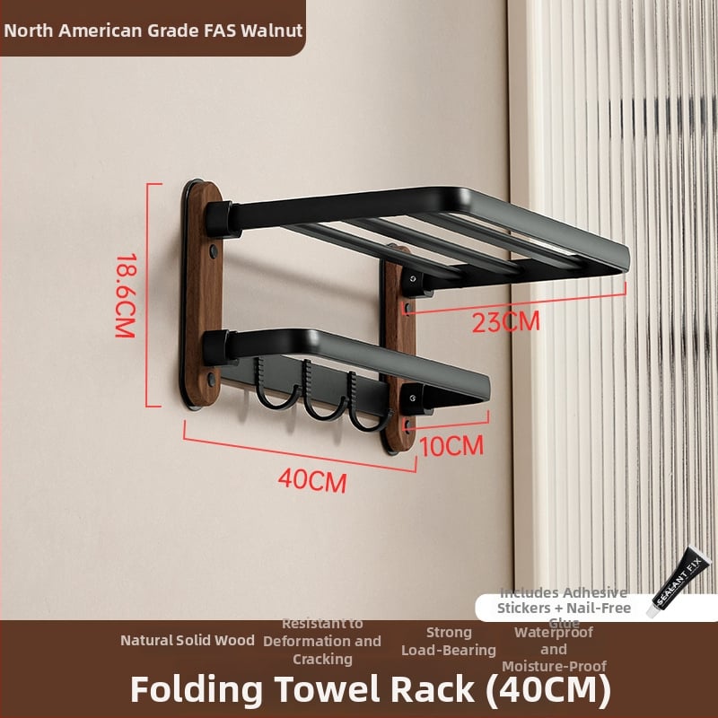 Ξύλινο αναδιπλούμενο ράφι πετσετών μπάνιου, δύο επίπεδα, μοντέλο Walnut bathroom set, φορτίο 10–15 kg, φινίρισμα οξείδωσης
