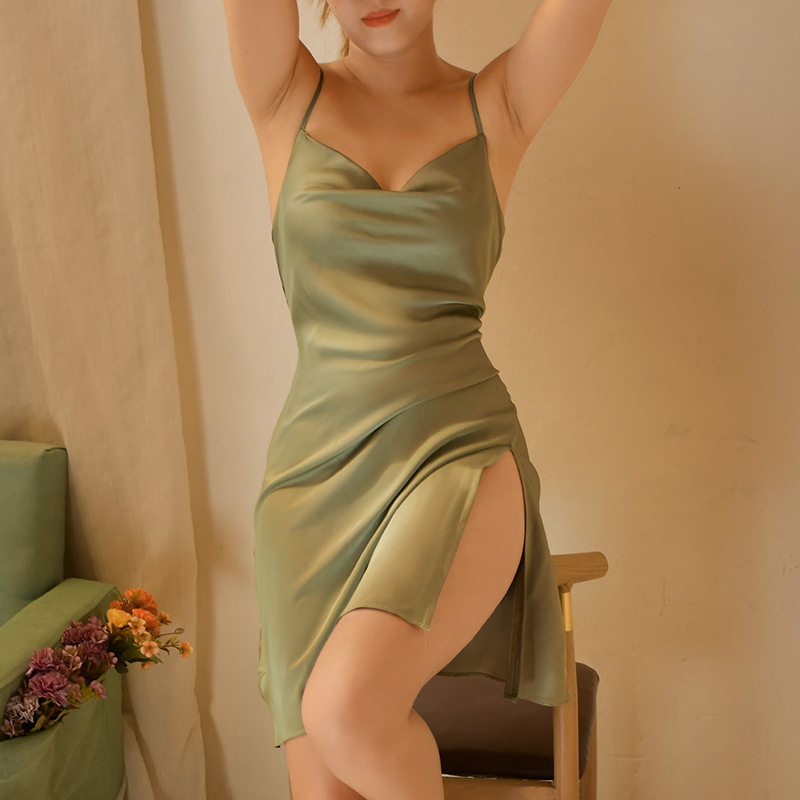 Hát nélküli, szexi sling fazonú hálóruha, oldalsó hasíték, poliészter anyag, ultra vékony anyag, egyszerű gallér