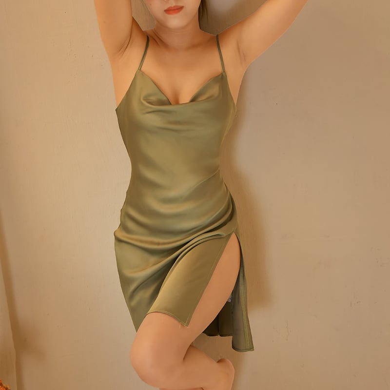 Hát nélküli, szexi sling fazonú hálóruha, oldalsó hasíték, poliészter anyag, ultra vékony anyag, egyszerű gallér