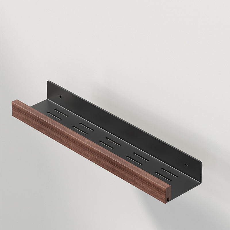 Ράφι αποθήκευσης μπάνιου από καρυδιά, εγκατάσταση χωρίς τρύπες στον τοίχο, συνδυασμός αλουμινίου και ξύλου, φόρτος 40 kg, ένα επίπεδο, επεξεργασία επιφανειας: χωρίς σκόνη και αδιάβροχο κερί για μούχλα, μοντέρνο μινιμαλιστικό στυλ