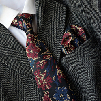 Cravată bărbați floral jacquard și set batistă, lățime standard, fibră poliesterică, model floral