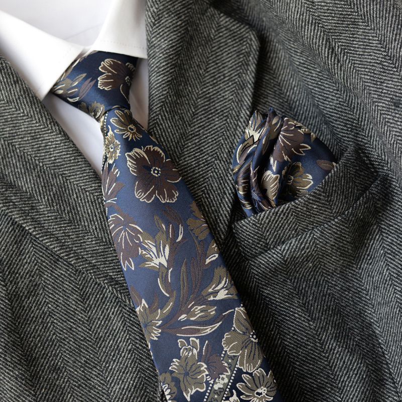 Cravată bărbați floral jacquard și set batistă, lățime standard, fibră poliesterică, model floral