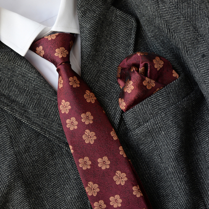 Cravată bărbați floral jacquard și set batistă, lățime standard, fibră poliesterică, model floral