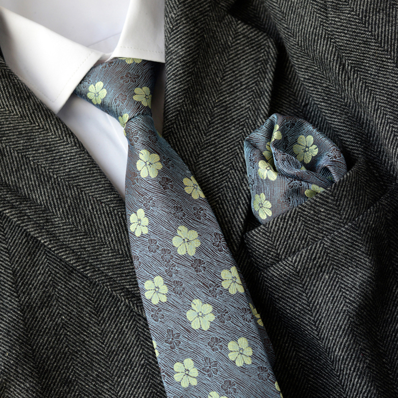 Cravată bărbați floral jacquard și set batistă, lățime standard, fibră poliesterică, model floral