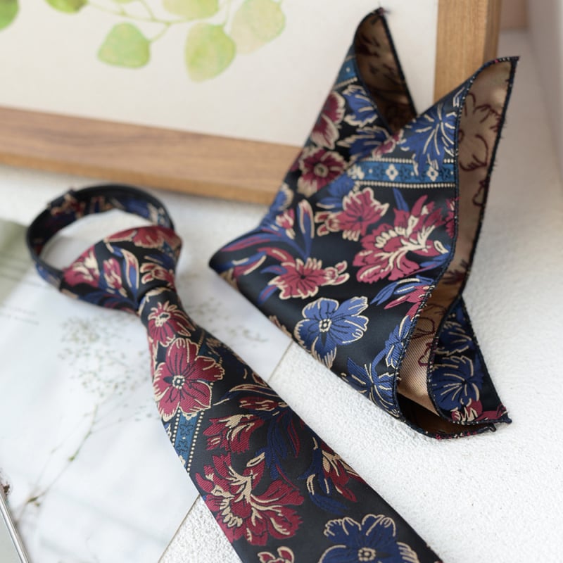 Cravată bărbați floral jacquard și set batistă, lățime standard, fibră poliesterică, model floral