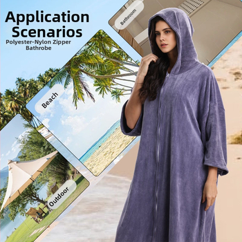 Unisex mikropluošto chalatas pončas su gobtuvu, greitai džiūstantis ir sugeriantis drėgmę, 400–500 g, 150d siūlai, plokščias audinys