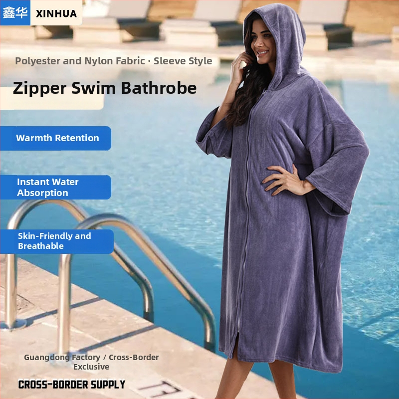 Unisex mikropluošto chalatas pončas su gobtuvu, greitai džiūstantis ir sugeriantis drėgmę, 400–500 g, 150d siūlai, plokščias audinys