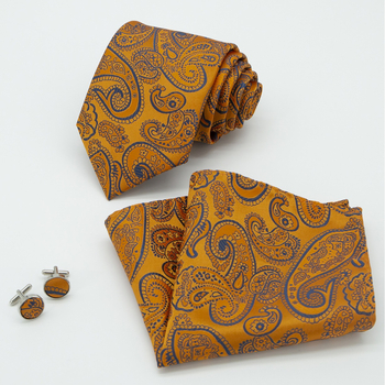 Set cravată, batistă de buzunar și butoni de manșetă | Model Jacquard Paisley | Fire poliester | Diametrul butonilor de manșetă 1,5 cm