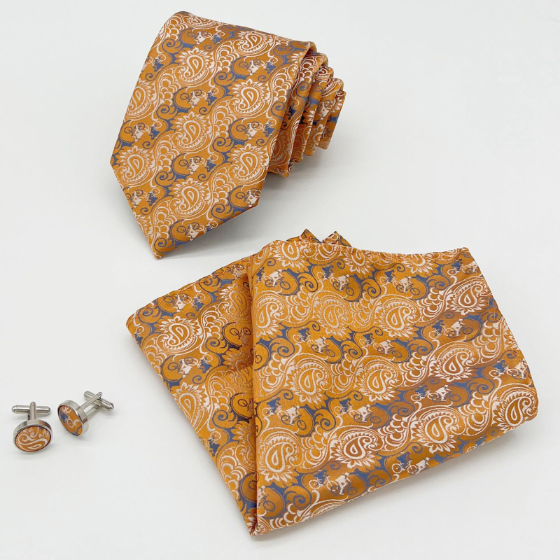 Set cravată, batistă de buzunar și butoni de manșetă | Model Jacquard Paisley | Fire poliester | Diametrul butonilor de manșetă 1,5 cm